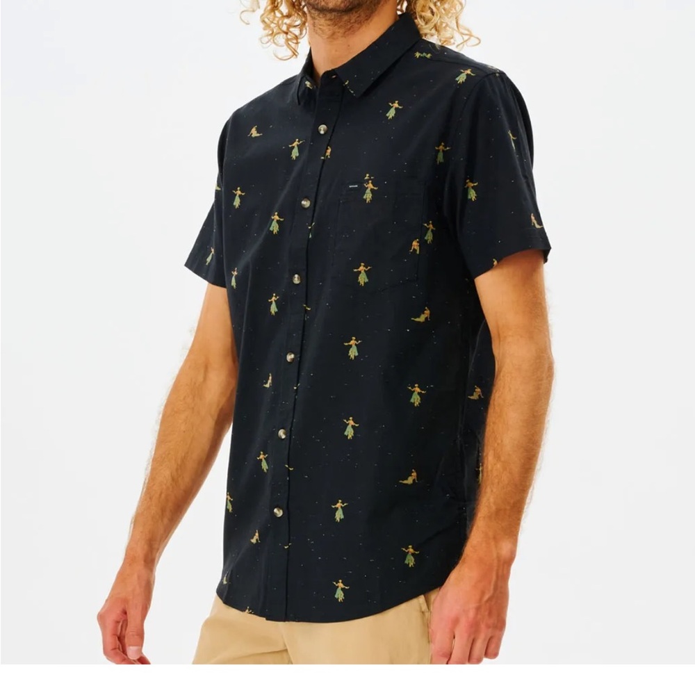 RIP CURL Men’s Black Patterned Hula Girl Button Down Shirt NWT